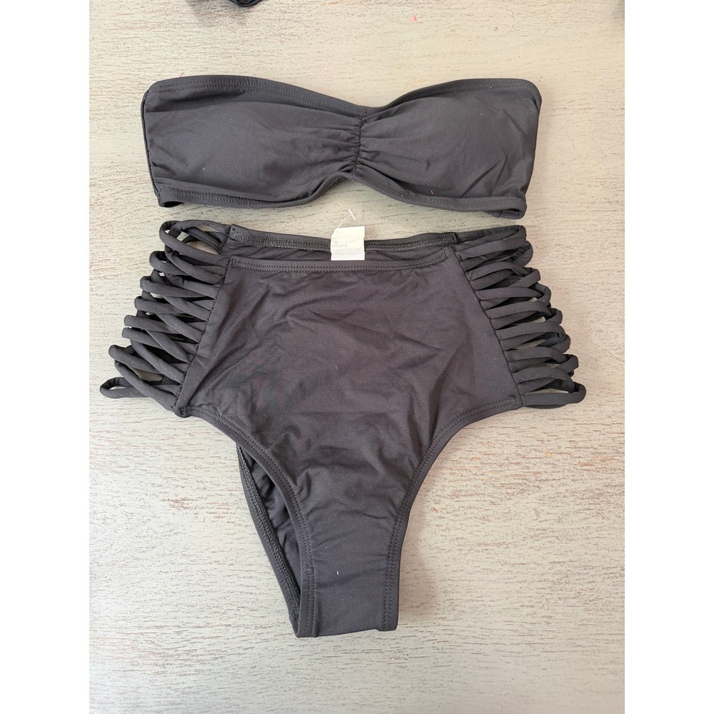 L*Space Black Bandeau Bikini Set Strappy High Waist Bottoms XS NWOT